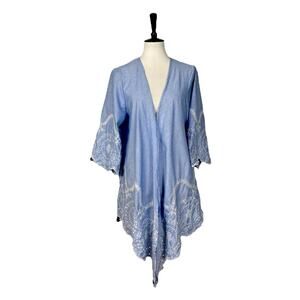 Chambray Embroidered Boho Open Front Cardigan Blue White Hi Low Women’s S/M